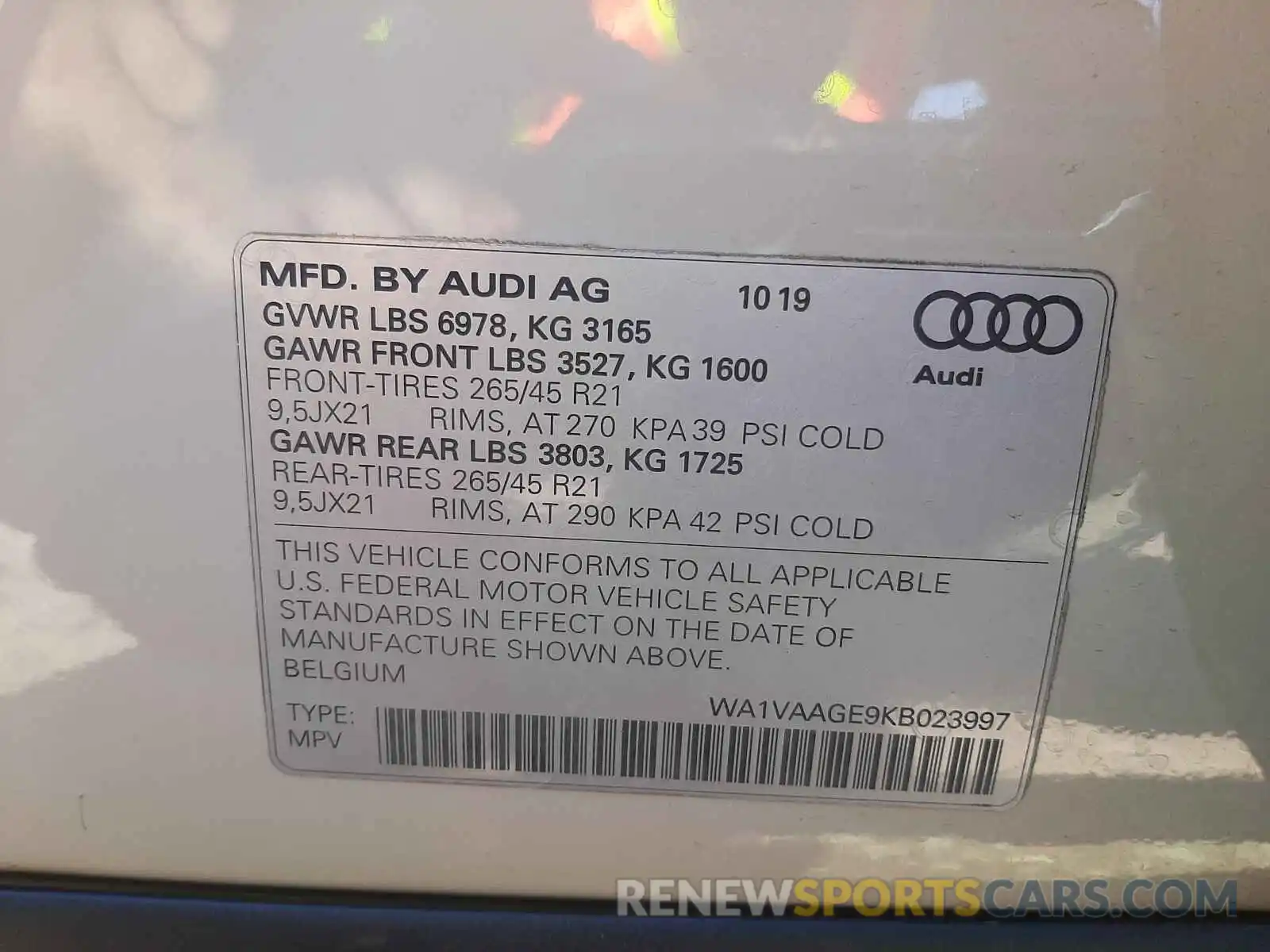 10 Фотография поврежденного автомобиля WA1VAAGE9KB023997 AUDI E-TRON 2019