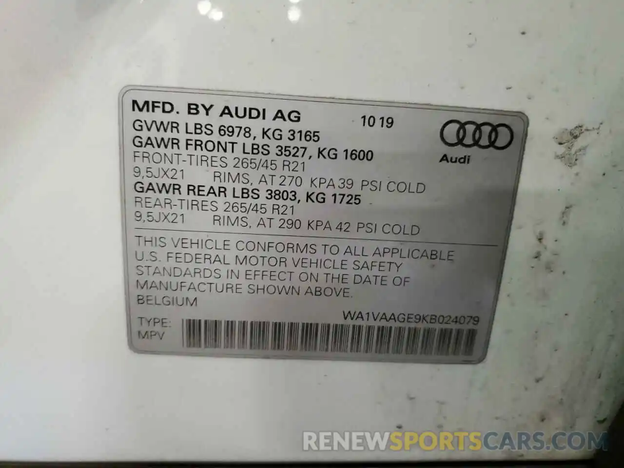 10 Photograph of a damaged car WA1VAAGE9KB024079 AUDI E-TRON 2019