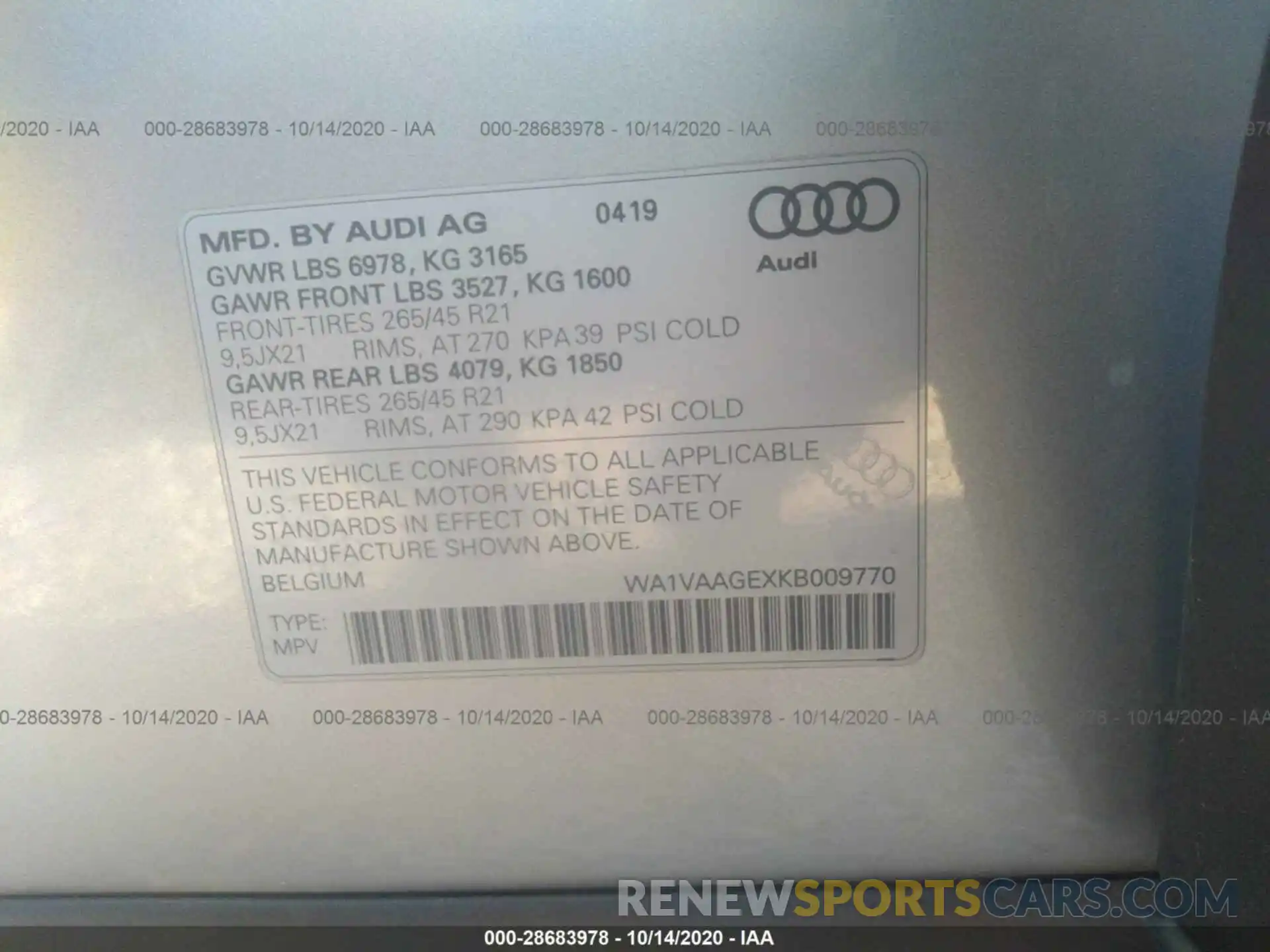 9 Photograph of a damaged car WA1VAAGEXKB009770 AUDI E-TRON 2019