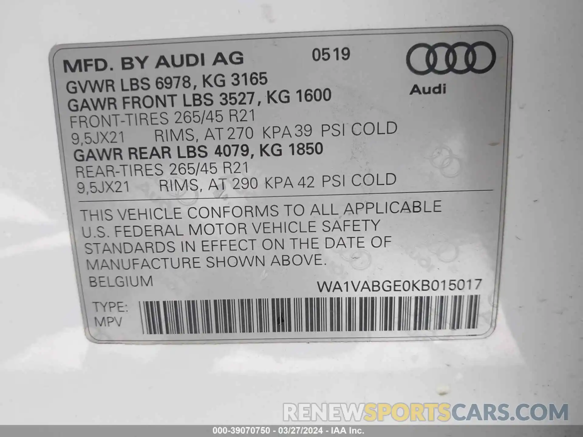 9 Photograph of a damaged car WA1VABGE0KB015017 AUDI E-TRON 2019