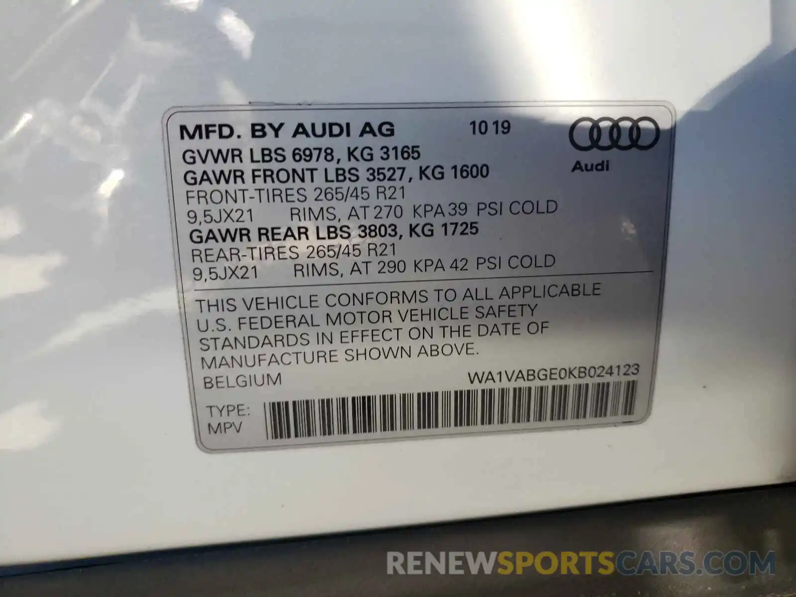 10 Photograph of a damaged car WA1VABGE0KB024123 AUDI E-TRON 2019