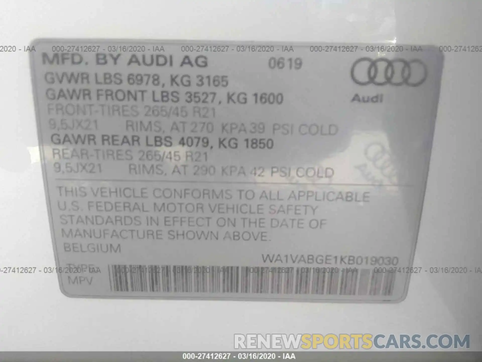 9 Photograph of a damaged car WA1VABGE1KB019030 AUDI E-TRON 2019