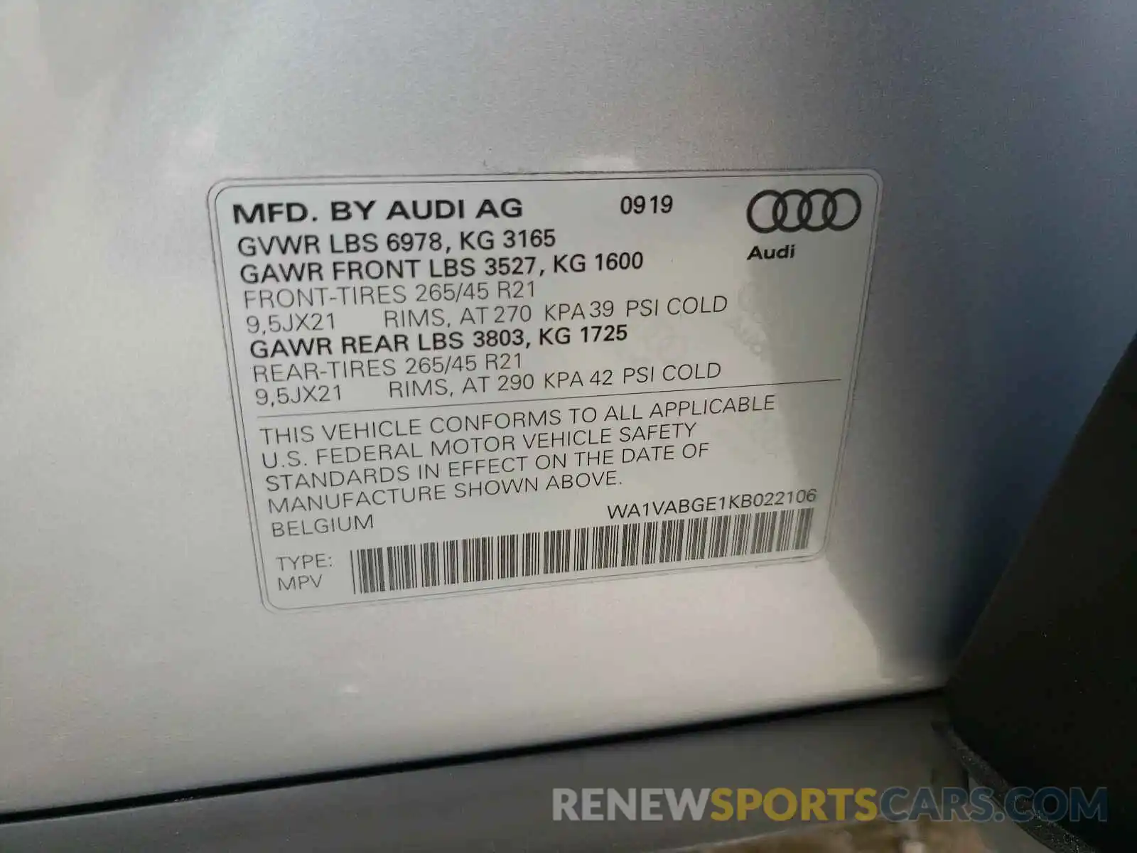 10 Photograph of a damaged car WA1VABGE1KB022106 AUDI E-TRON 2019