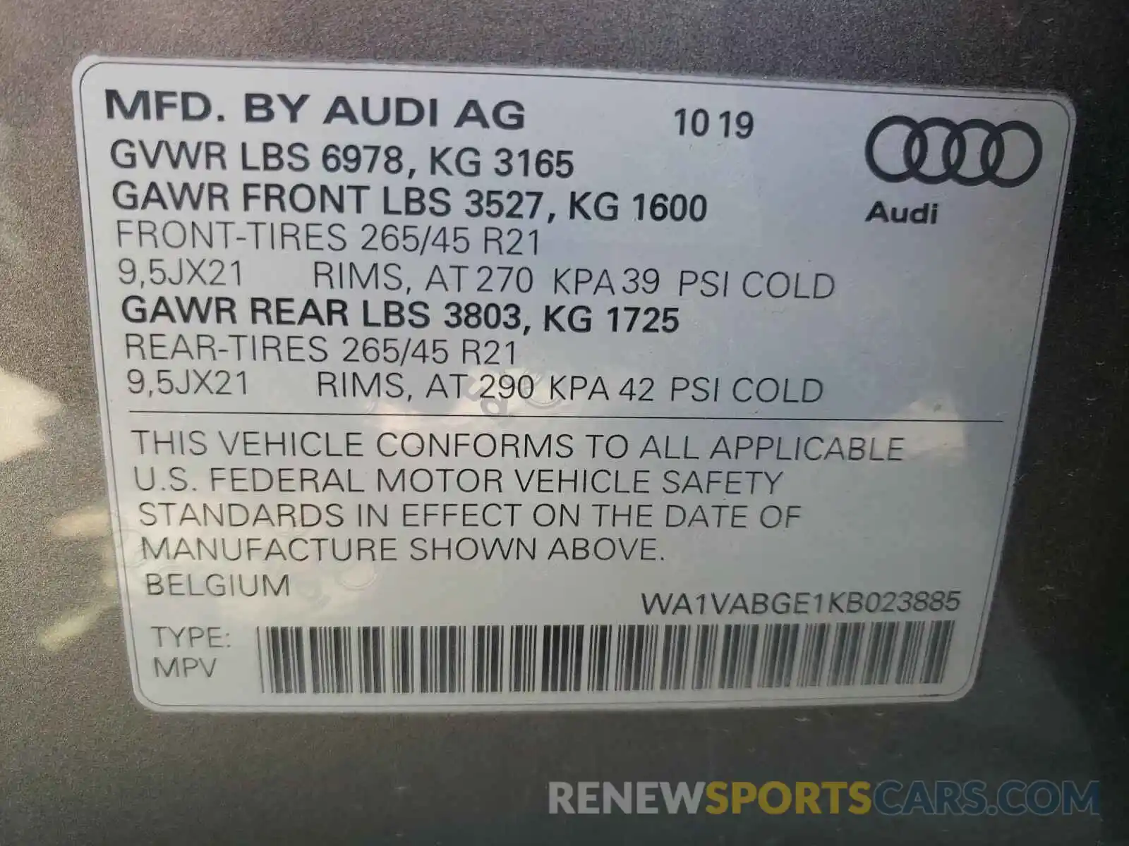 10 Фотография поврежденного автомобиля WA1VABGE1KB023885 AUDI E-TRON 2019