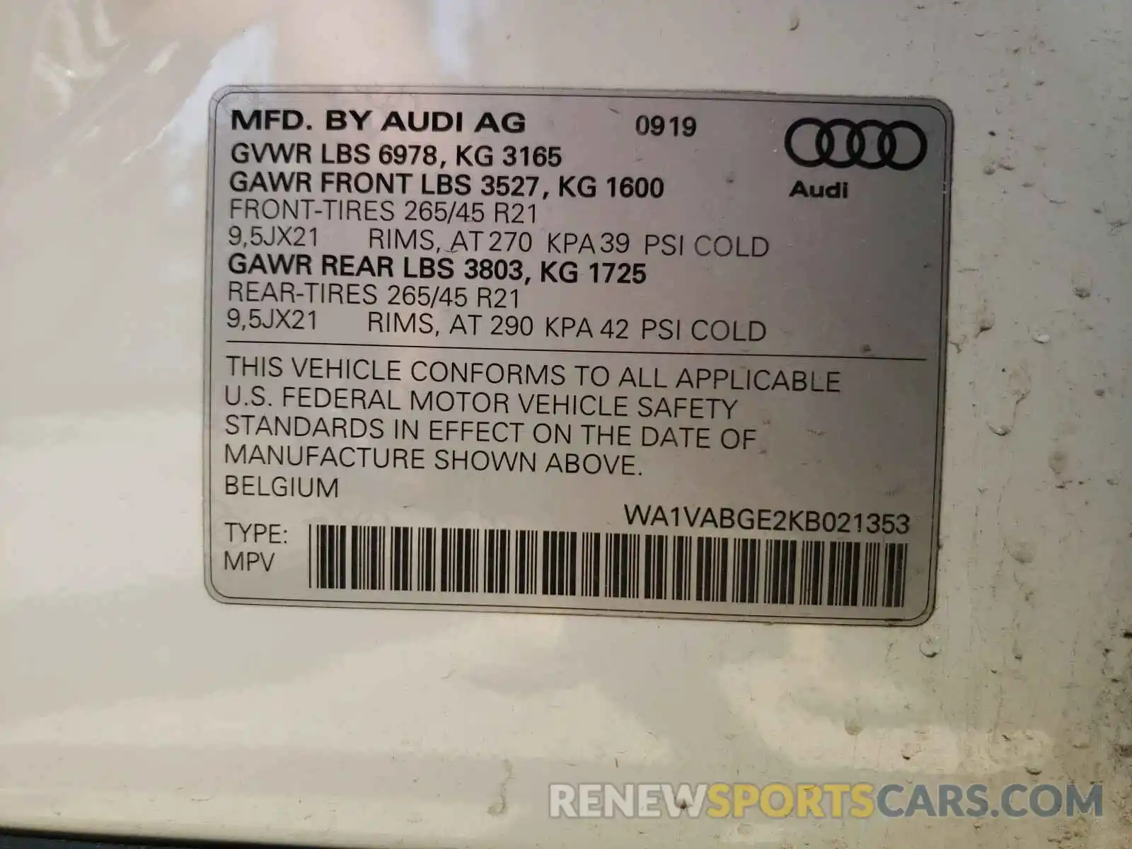 10 Photograph of a damaged car WA1VABGE2KB021353 AUDI E-TRON 2019