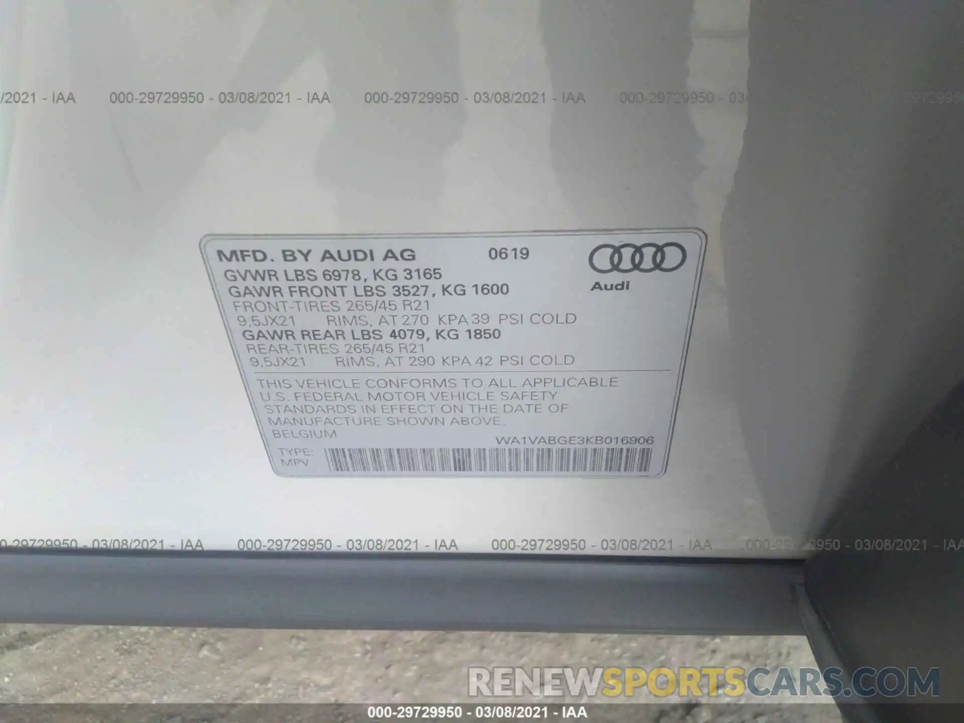 9 Фотография поврежденного автомобиля WA1VABGE3KB016906 AUDI E-TRON 2019