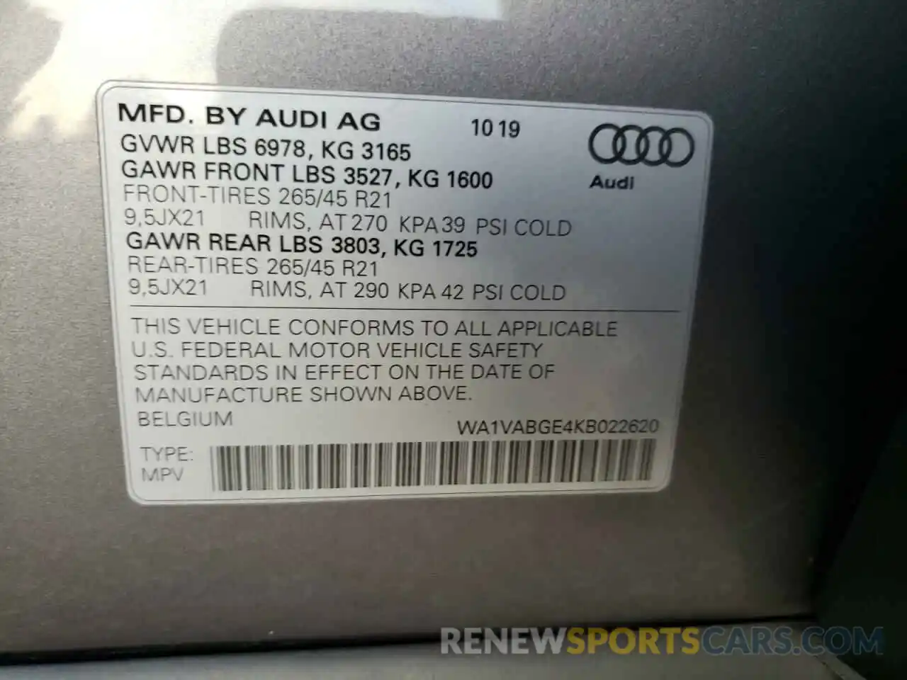 10 Фотография поврежденного автомобиля WA1VABGE4KB022620 AUDI E-TRON 2019