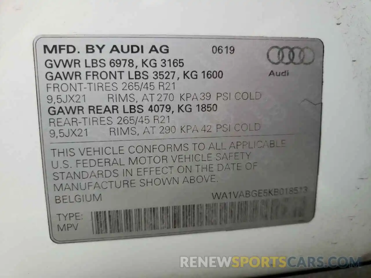 10 Photograph of a damaged car WA1VABGE5KB018513 AUDI E-TRON 2019