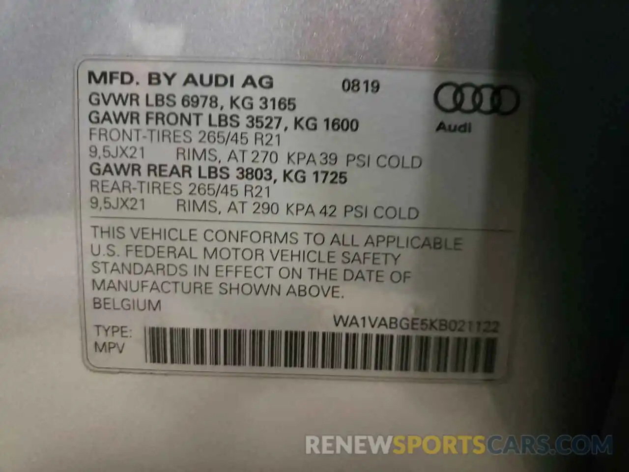 10 Photograph of a damaged car WA1VABGE5KB021122 AUDI E-TRON 2019