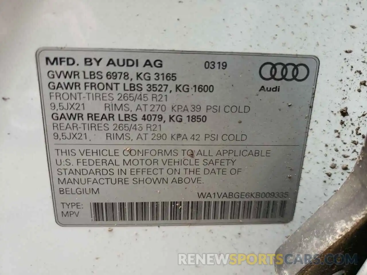 10 Photograph of a damaged car WA1VABGE6KB009335 AUDI E-TRON 2019