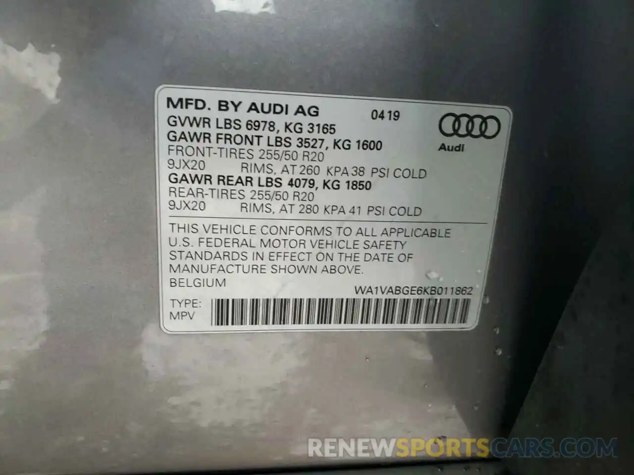 10 Photograph of a damaged car WA1VABGE6KB011862 AUDI E-TRON 2019