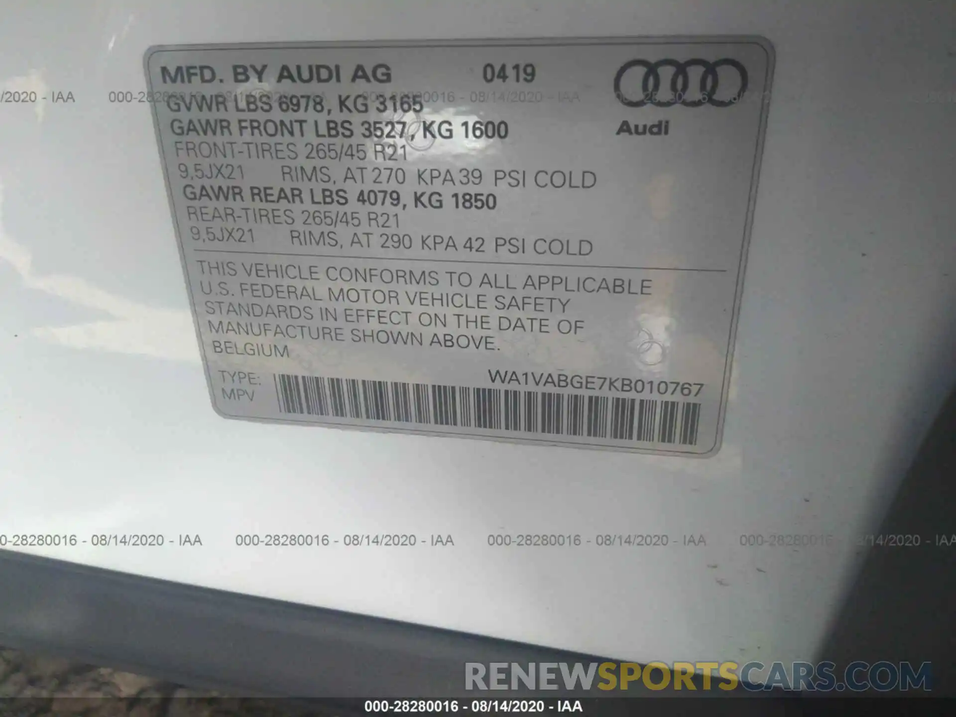 9 Photograph of a damaged car WA1VABGE7KB010767 AUDI E-TRON 2019