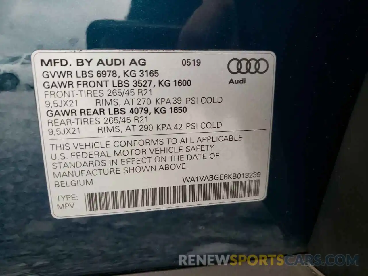 10 Photograph of a damaged car WA1VABGE8KB013239 AUDI E-TRON 2019