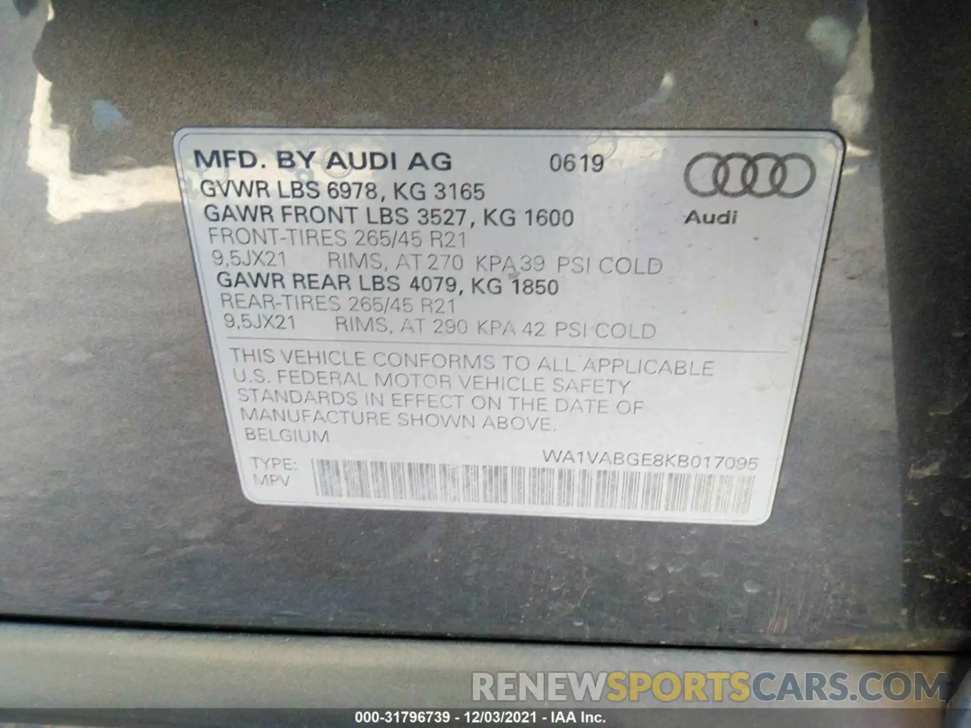 9 Фотография поврежденного автомобиля WA1VABGE8KB017095 AUDI E-TRON 2019