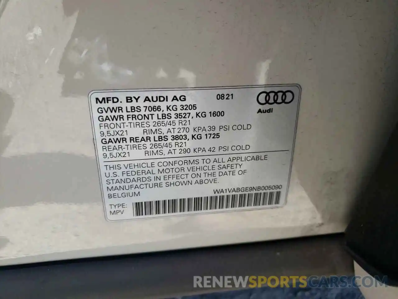 10 Photograph of a damaged car WA1VABGE9NB005090 AUDI E-TRON CHR 2022