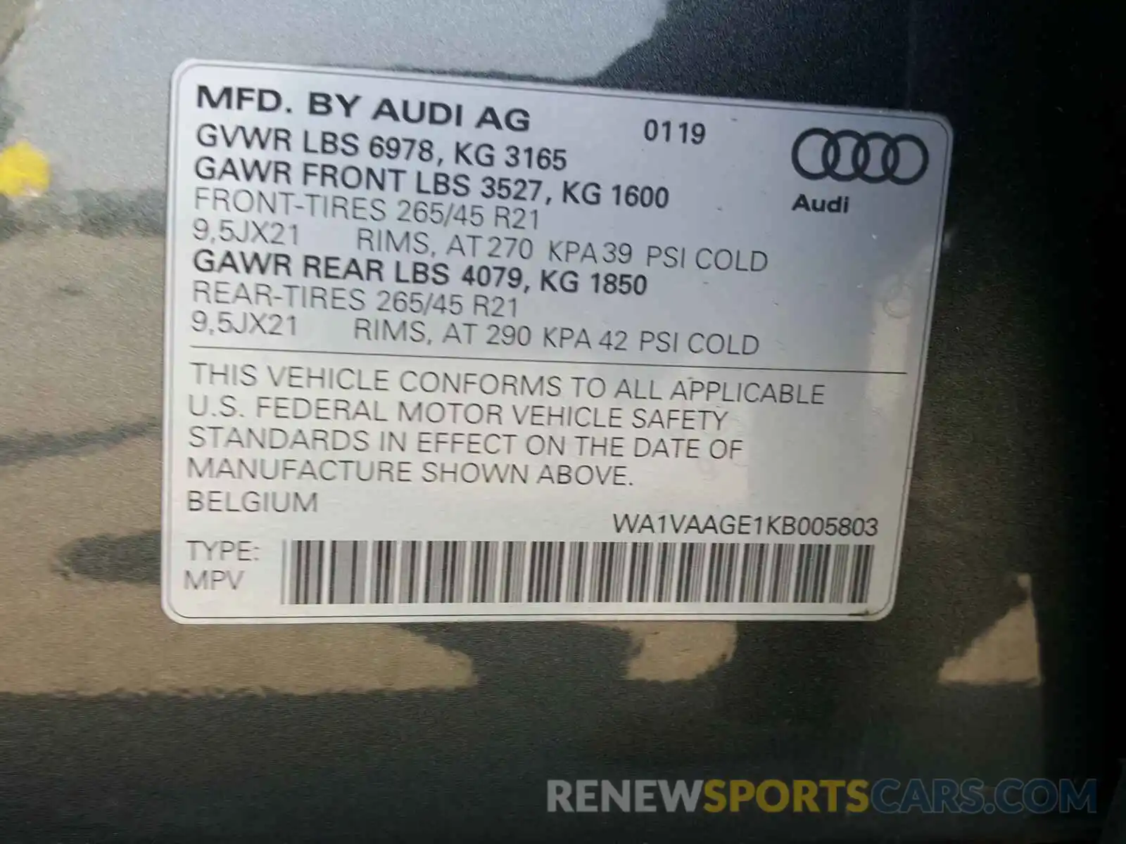 10 Photograph of a damaged car WA1VAAGE1KB005803 AUDI E-TRON PRE 2019