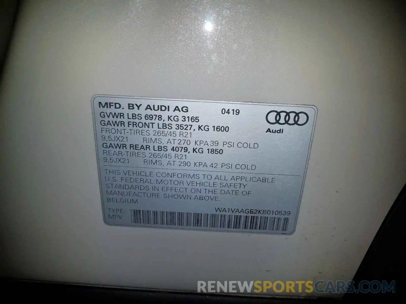 10 Photograph of a damaged car WA1VAAGE2KB010539 AUDI E-TRON PRE 2019