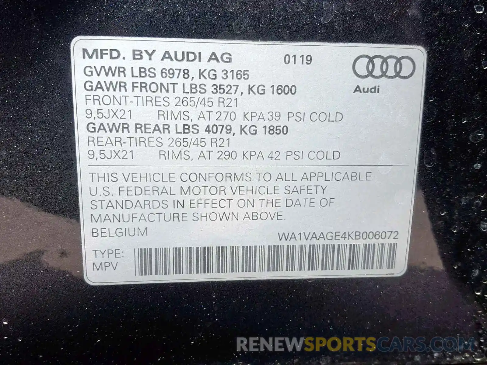 10 Photograph of a damaged car WA1VAAGE4KB006072 AUDI E-TRON PRE 2019