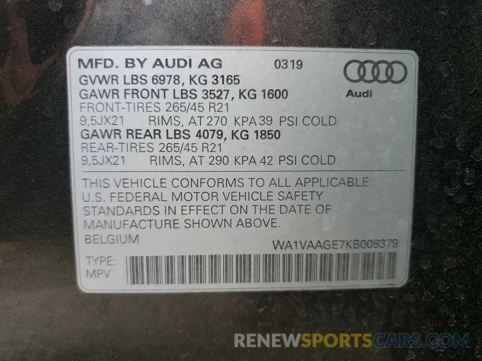 10 Photograph of a damaged car WA1VAAGE7KB008379 AUDI E-TRON PRE 2019