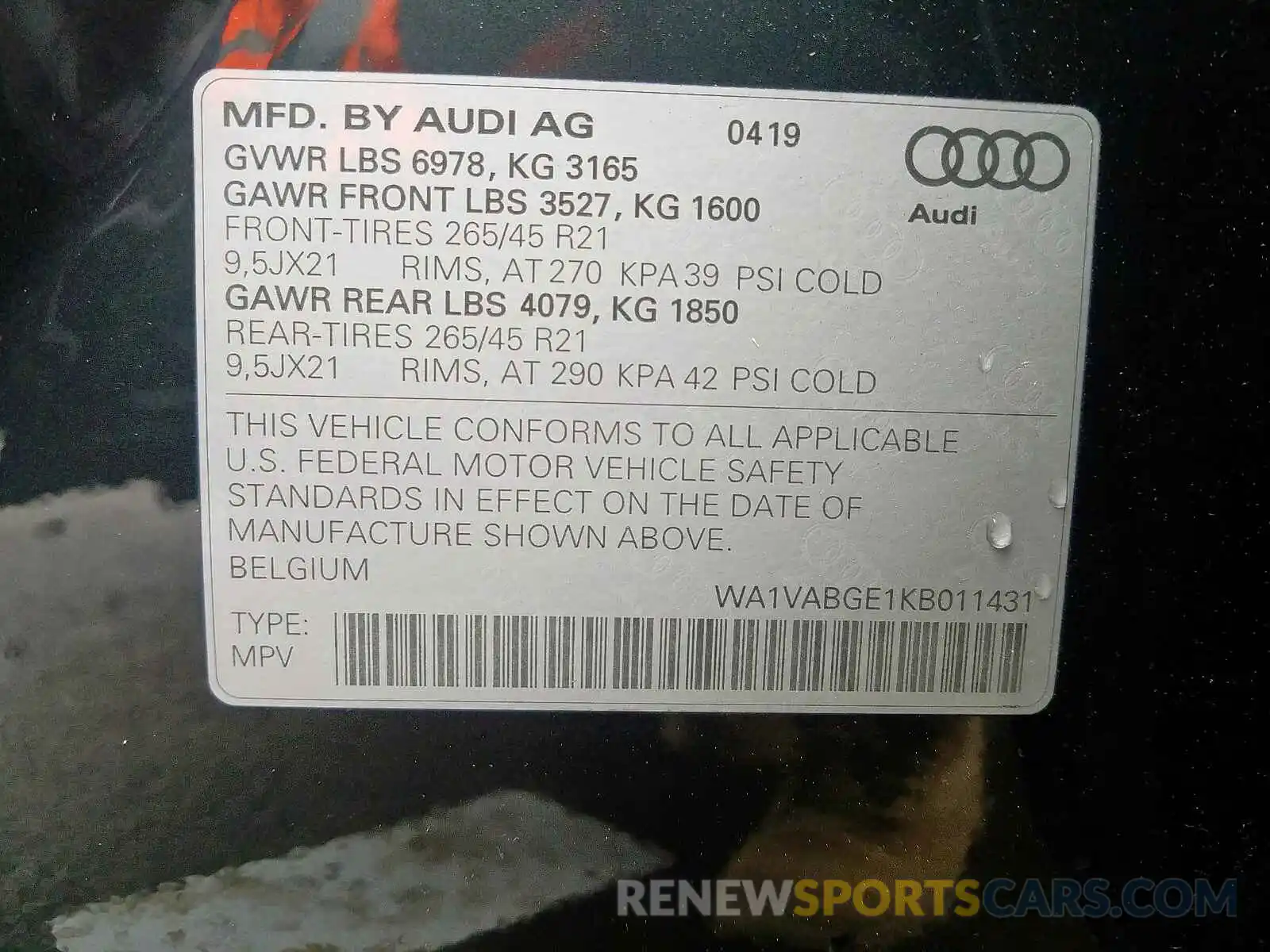 10 Photograph of a damaged car WA1VABGE1KB011431 AUDI E-TRON PRE 2019