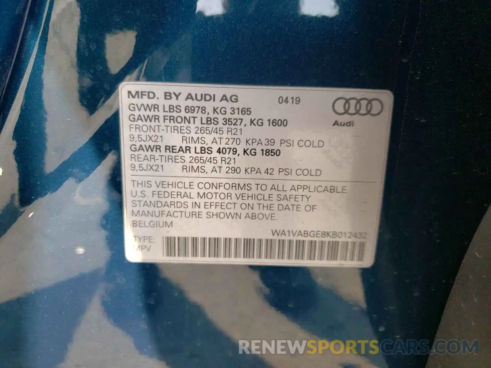 10 Photograph of a damaged car WA1VABGE8KB012432 AUDI E-TRON PRE 2019