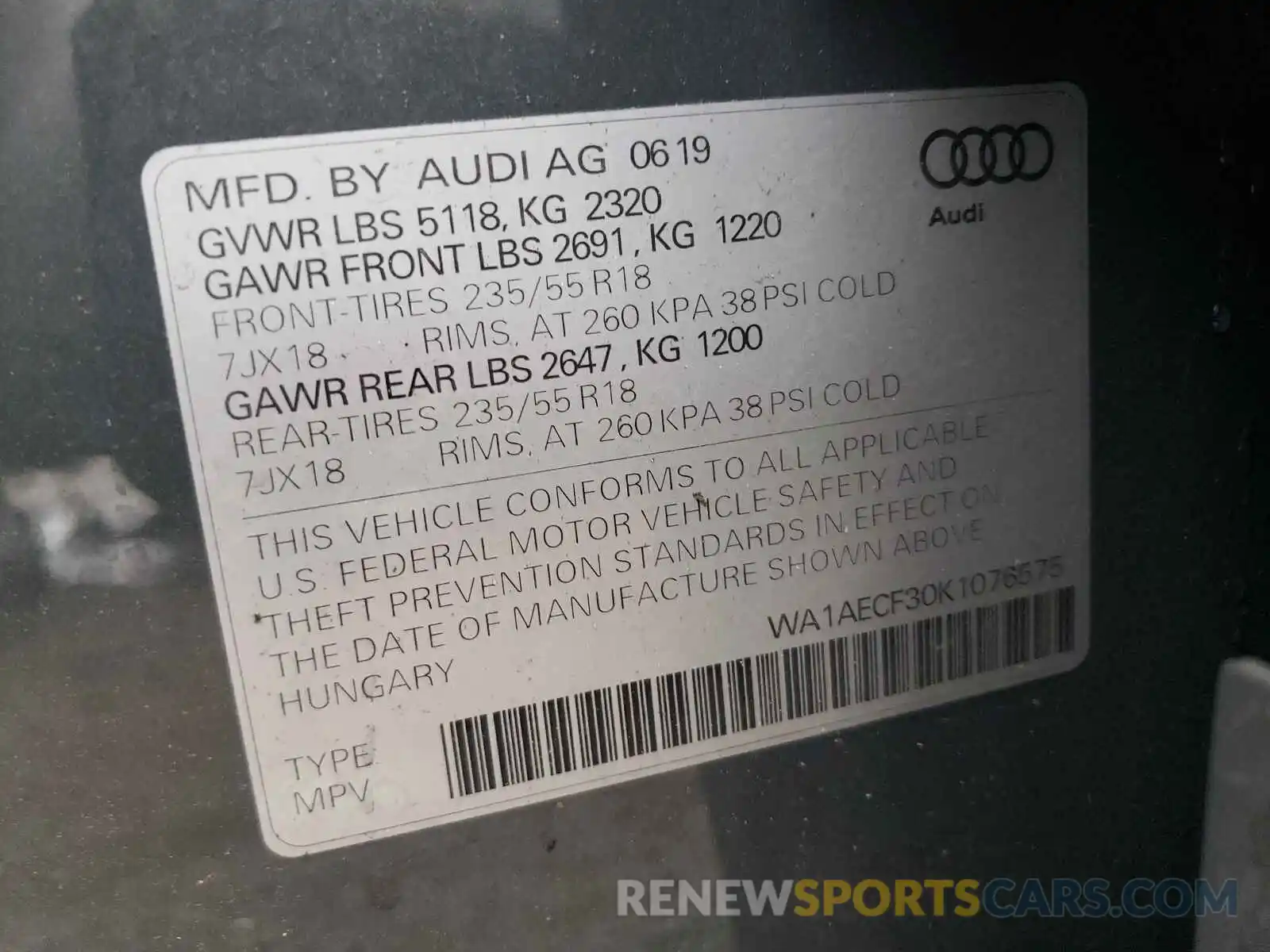 10 Фотография поврежденного автомобиля WA1AECF30K1076575 AUDI Q3 2019