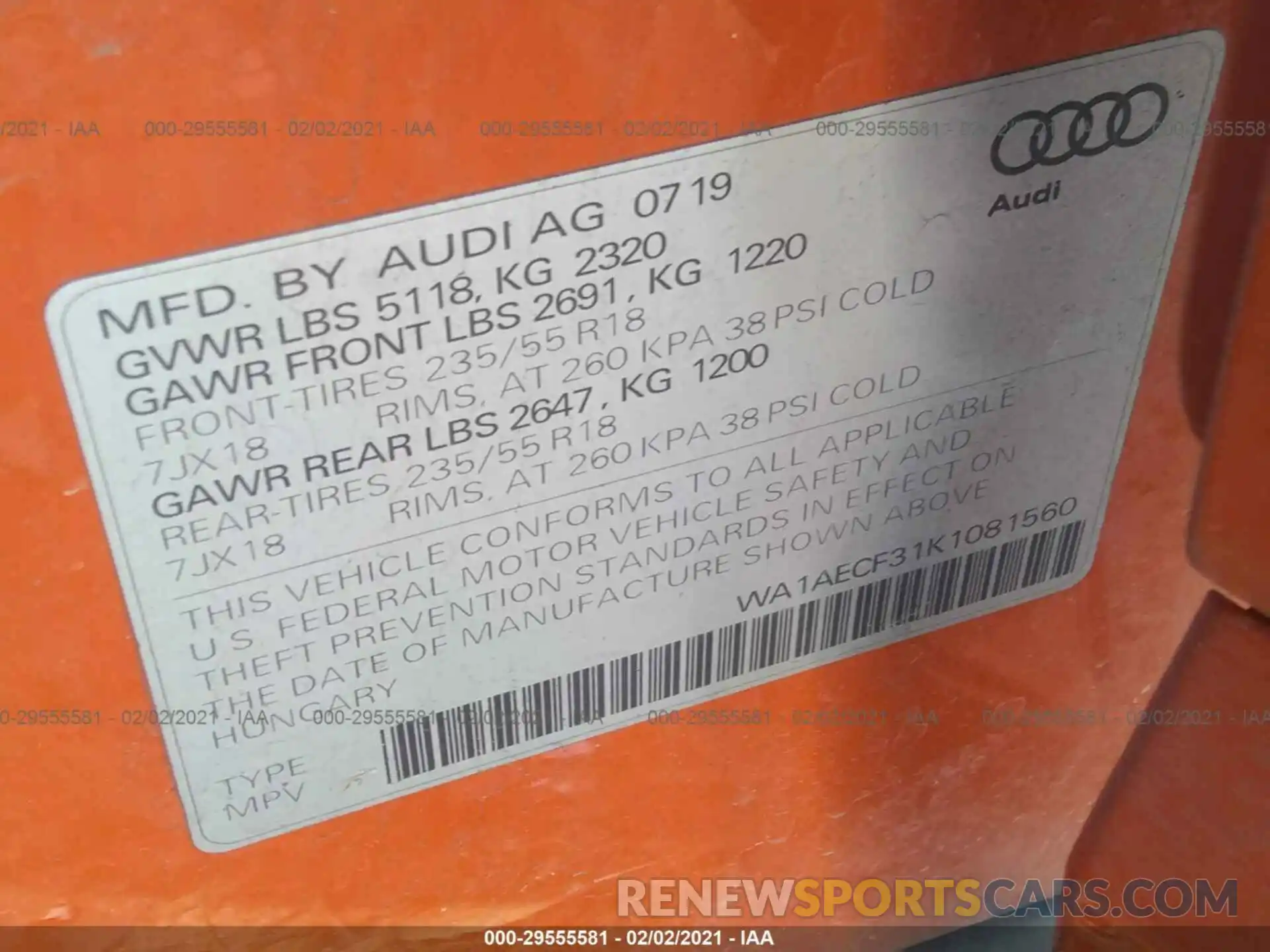 9 Photograph of a damaged car WA1AECF31K1081560 AUDI Q3 2019