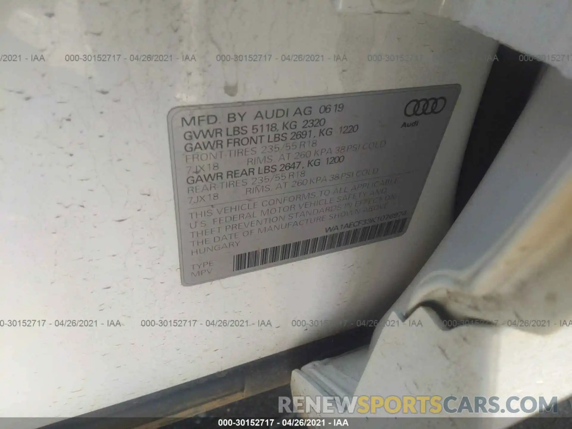 9 Фотография поврежденного автомобиля WA1AECF33K1076974 AUDI Q3 2019