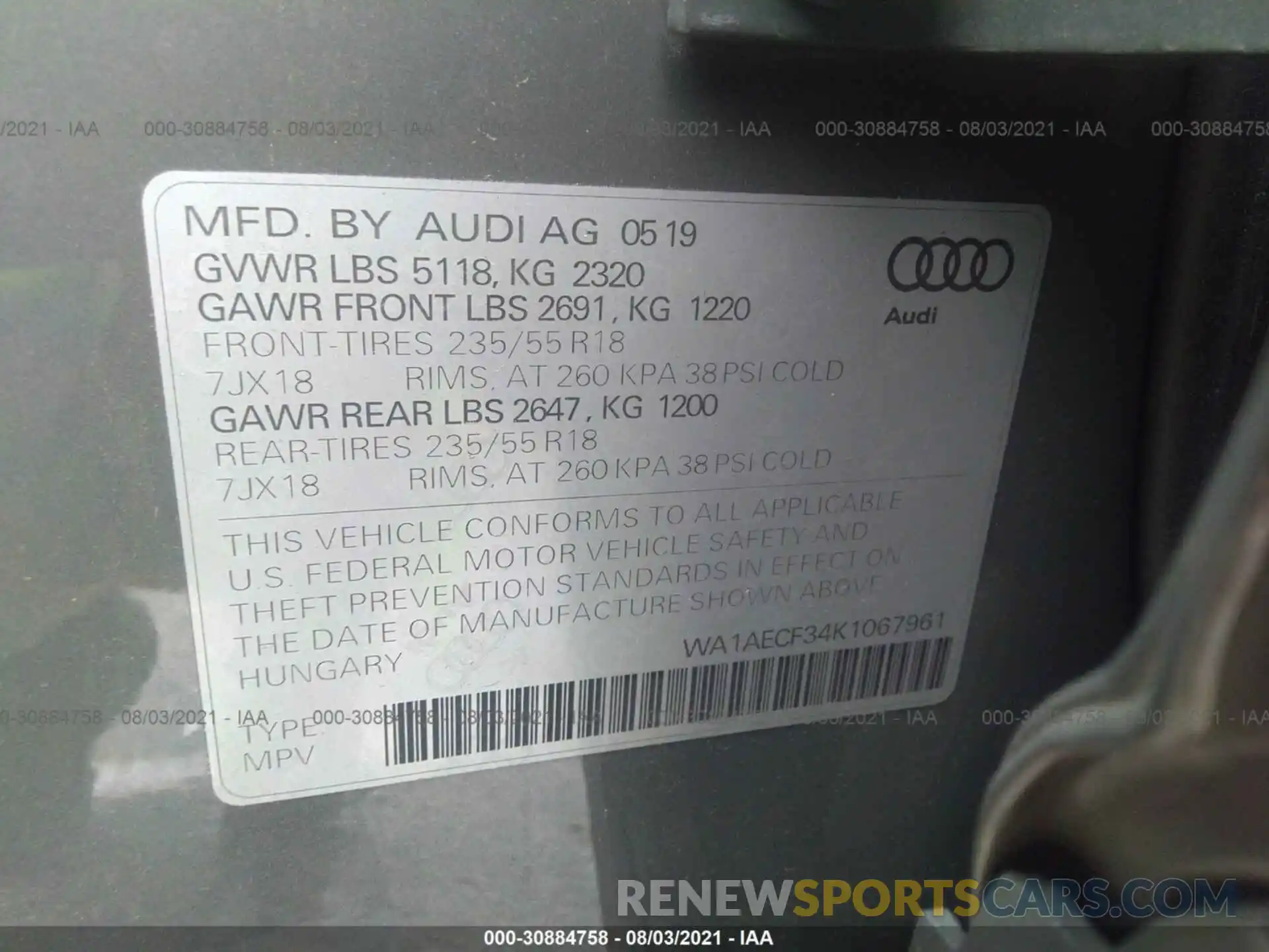 9 Фотография поврежденного автомобиля WA1AECF34K1067961 AUDI Q3 2019