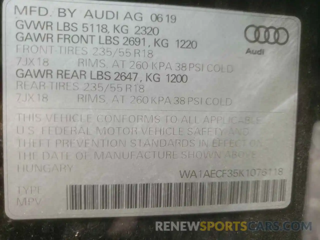 10 Фотография поврежденного автомобиля WA1AECF35K1076118 AUDI Q3 2019