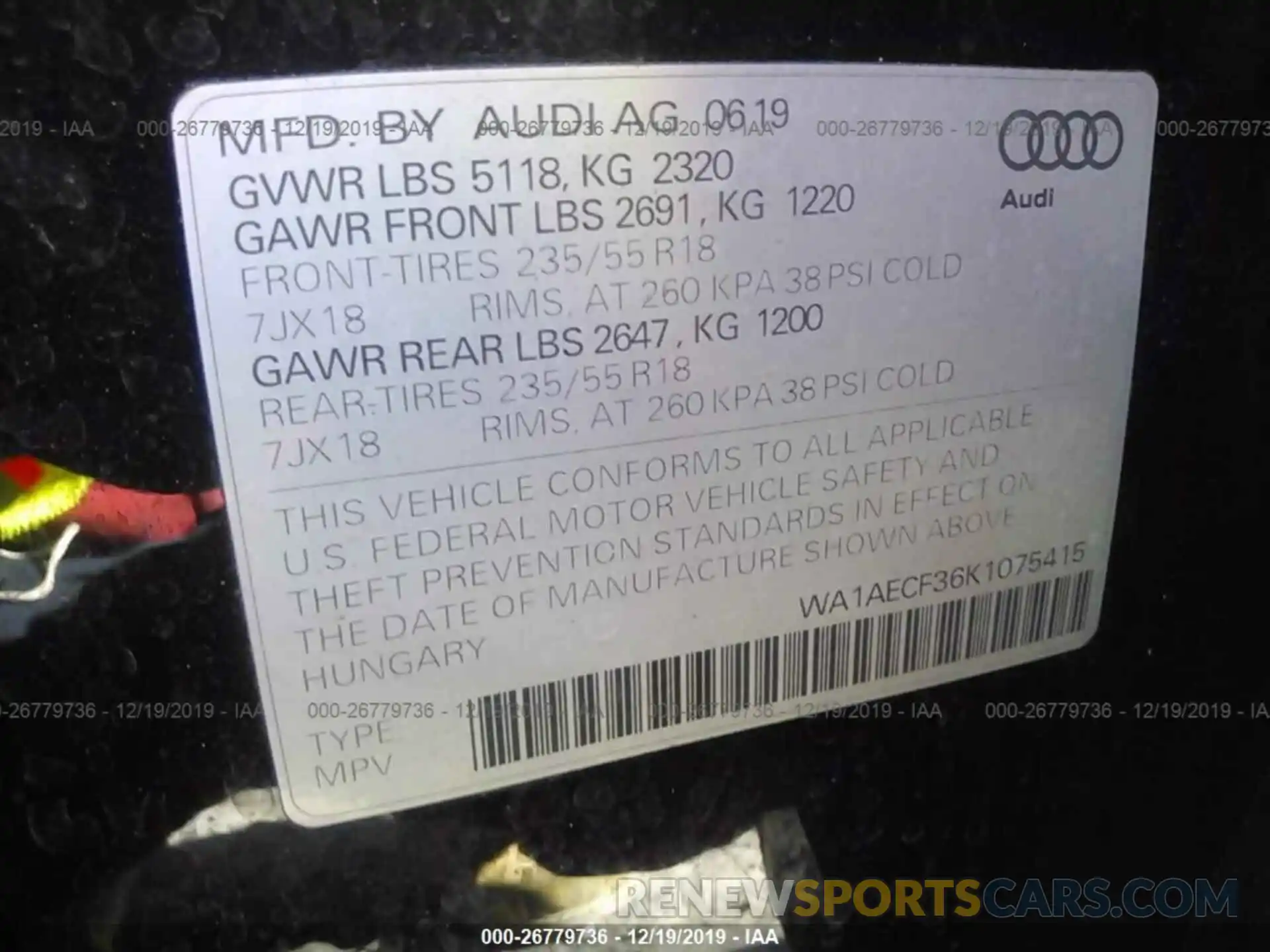 9 Фотография поврежденного автомобиля WA1AECF36K1075415 AUDI Q3 2019