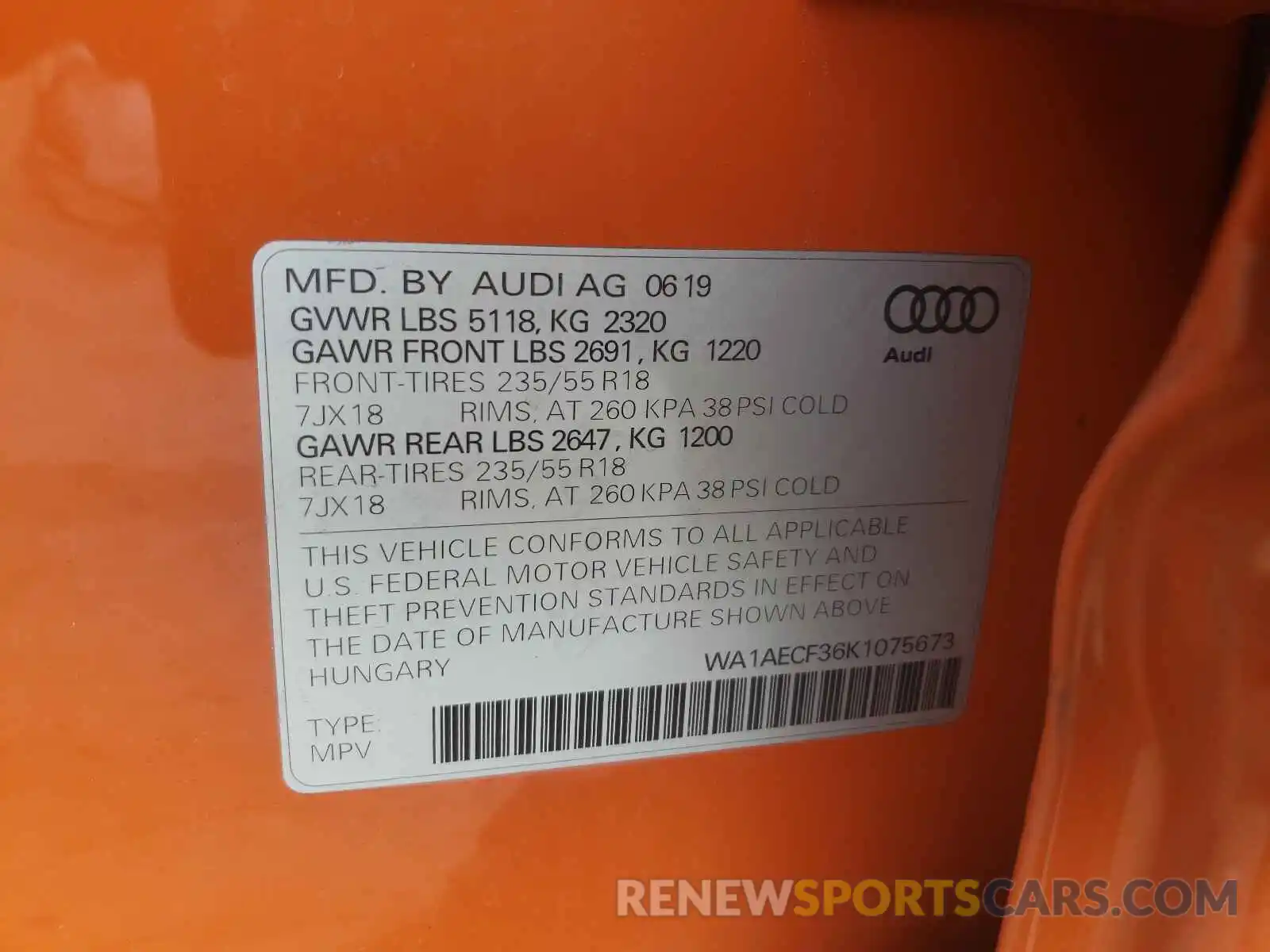 10 Фотография поврежденного автомобиля WA1AECF36K1075673 AUDI Q3 2019