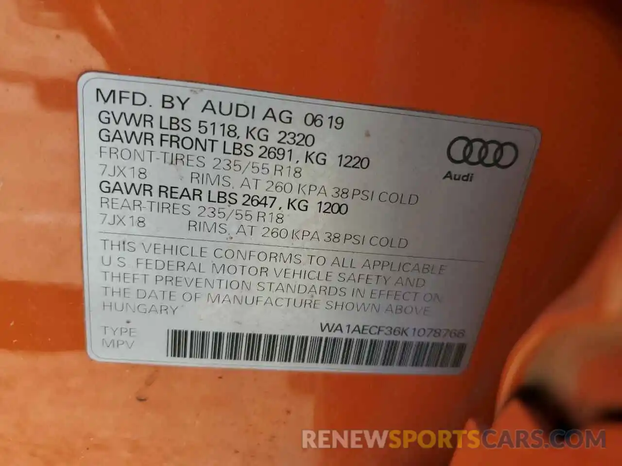 13 Photograph of a damaged car WA1AECF36K1078766 AUDI Q3 2019