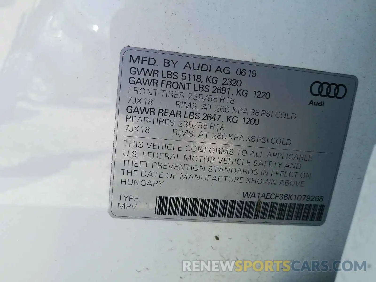 10 Фотография поврежденного автомобиля WA1AECF36K1079268 AUDI Q3 2019