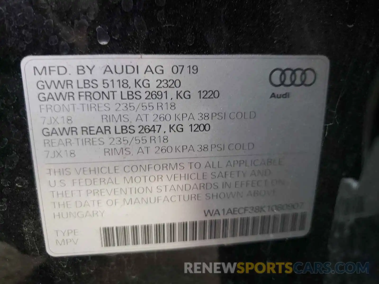 10 Фотография поврежденного автомобиля WA1AECF38K1080907 AUDI Q3 2019