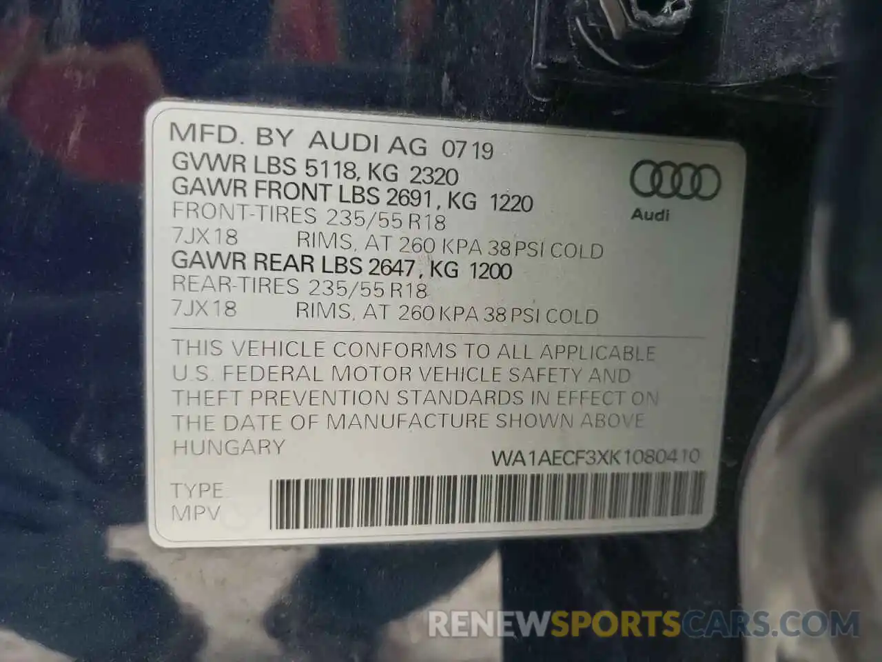 13 Photograph of a damaged car WA1AECF3XK1080410 AUDI Q3 2019