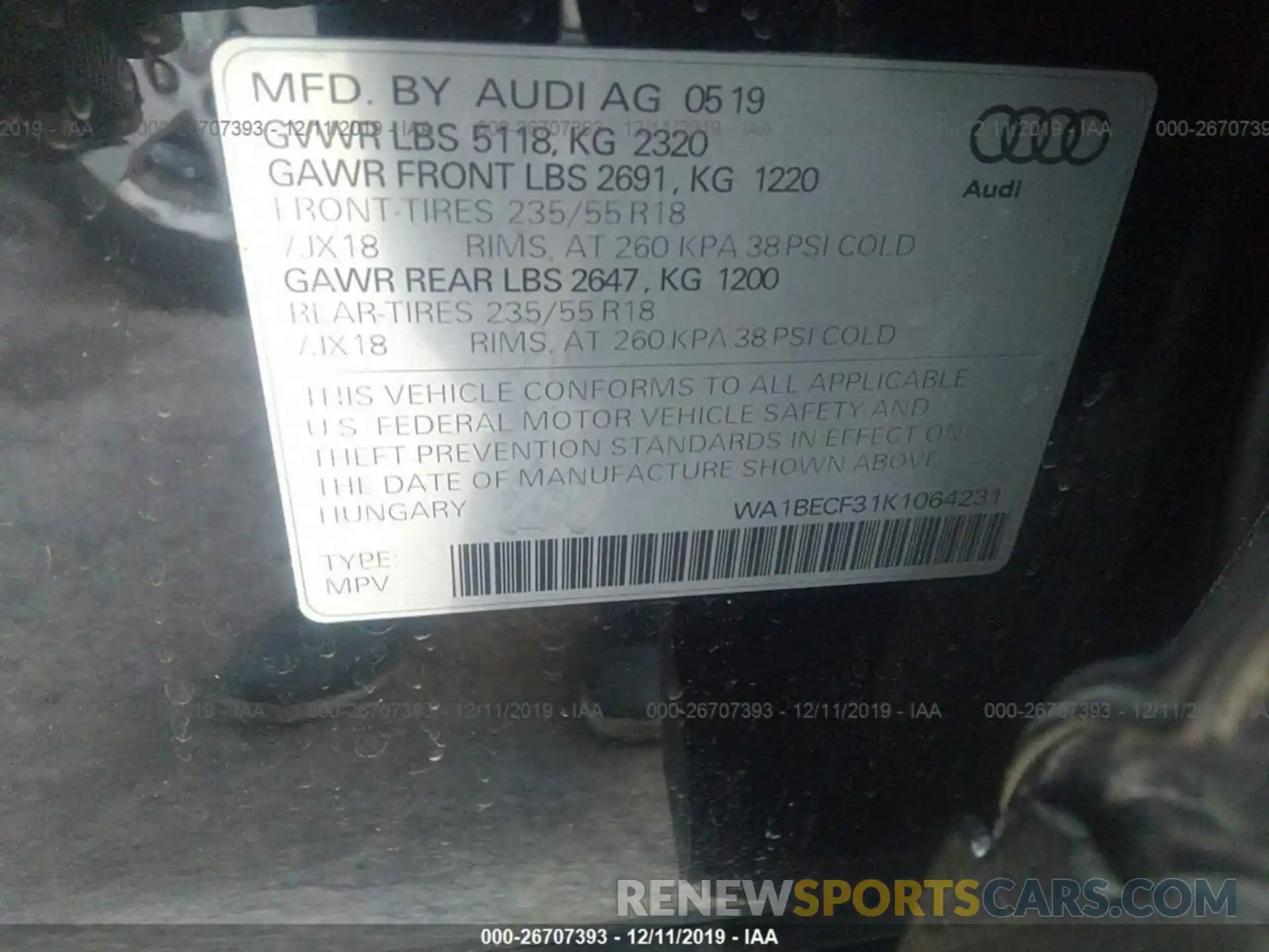 9 Фотография поврежденного автомобиля WA1BECF31K1064231 AUDI Q3 2019