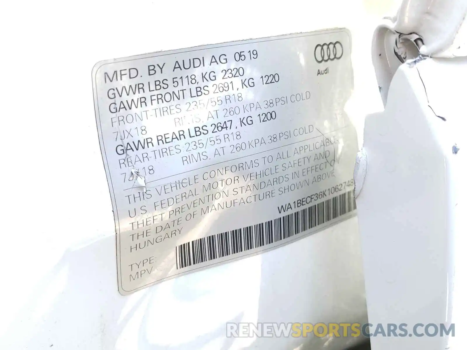 10 Фотография поврежденного автомобиля WA1BECF36K1062748 AUDI Q3 2019