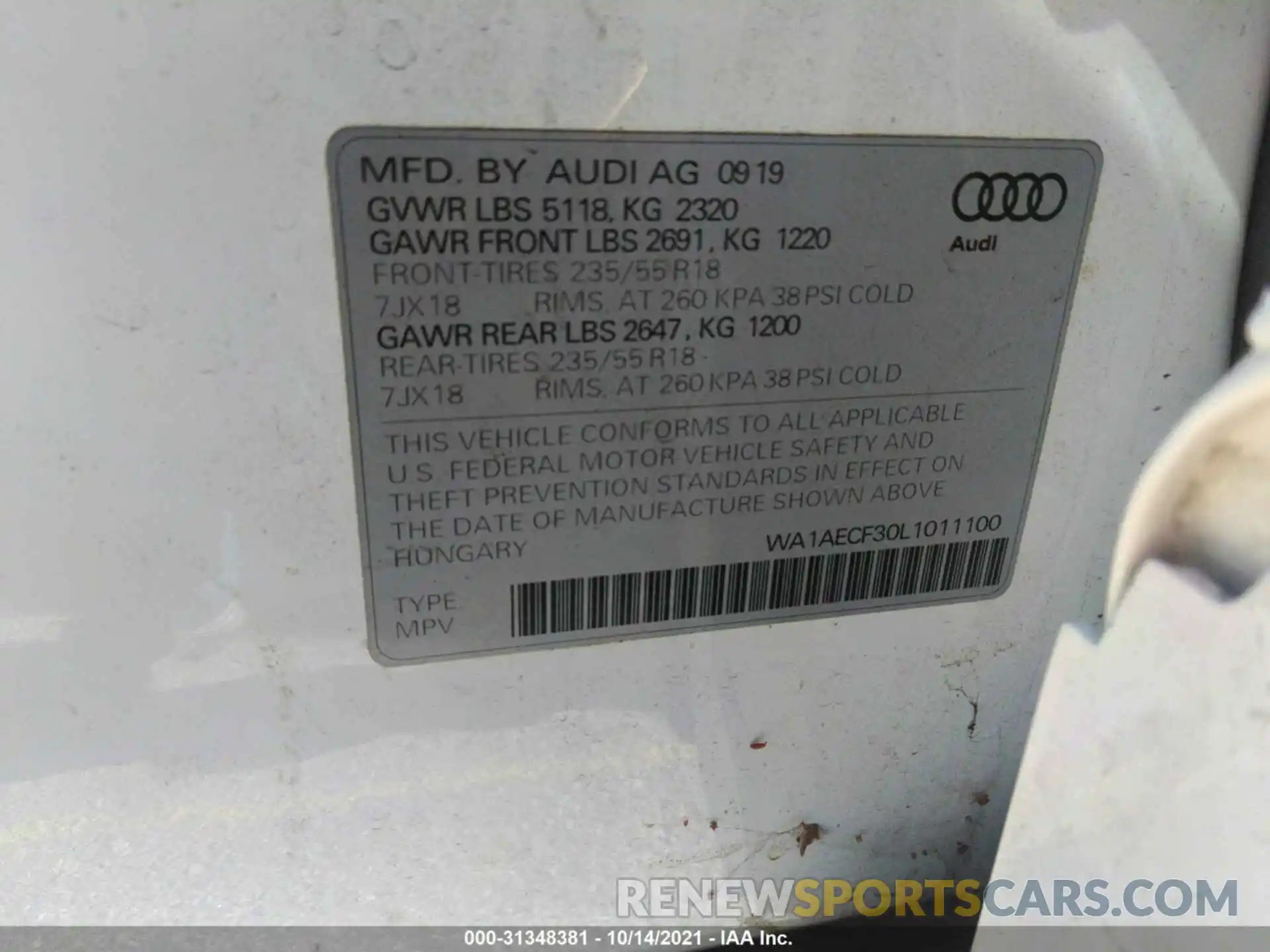 9 Фотография поврежденного автомобиля WA1AECF30L1011100 AUDI Q3 2020