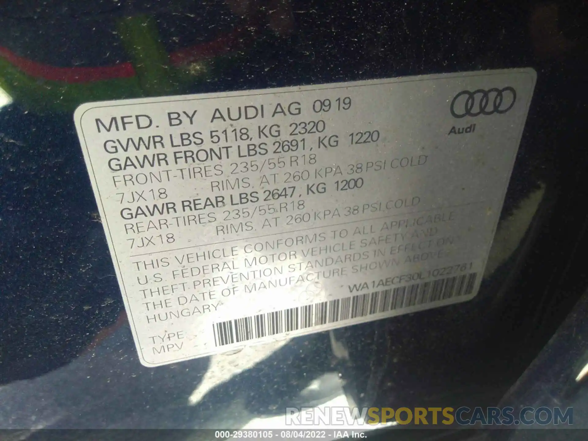 9 Фотография поврежденного автомобиля WA1AECF30L1022761 AUDI Q3 2020