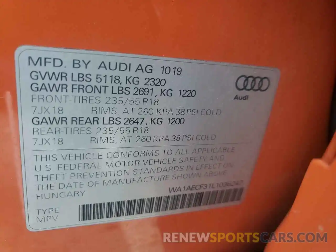 10 Photograph of a damaged car WA1AECF31L1036247 AUDI Q3 2020