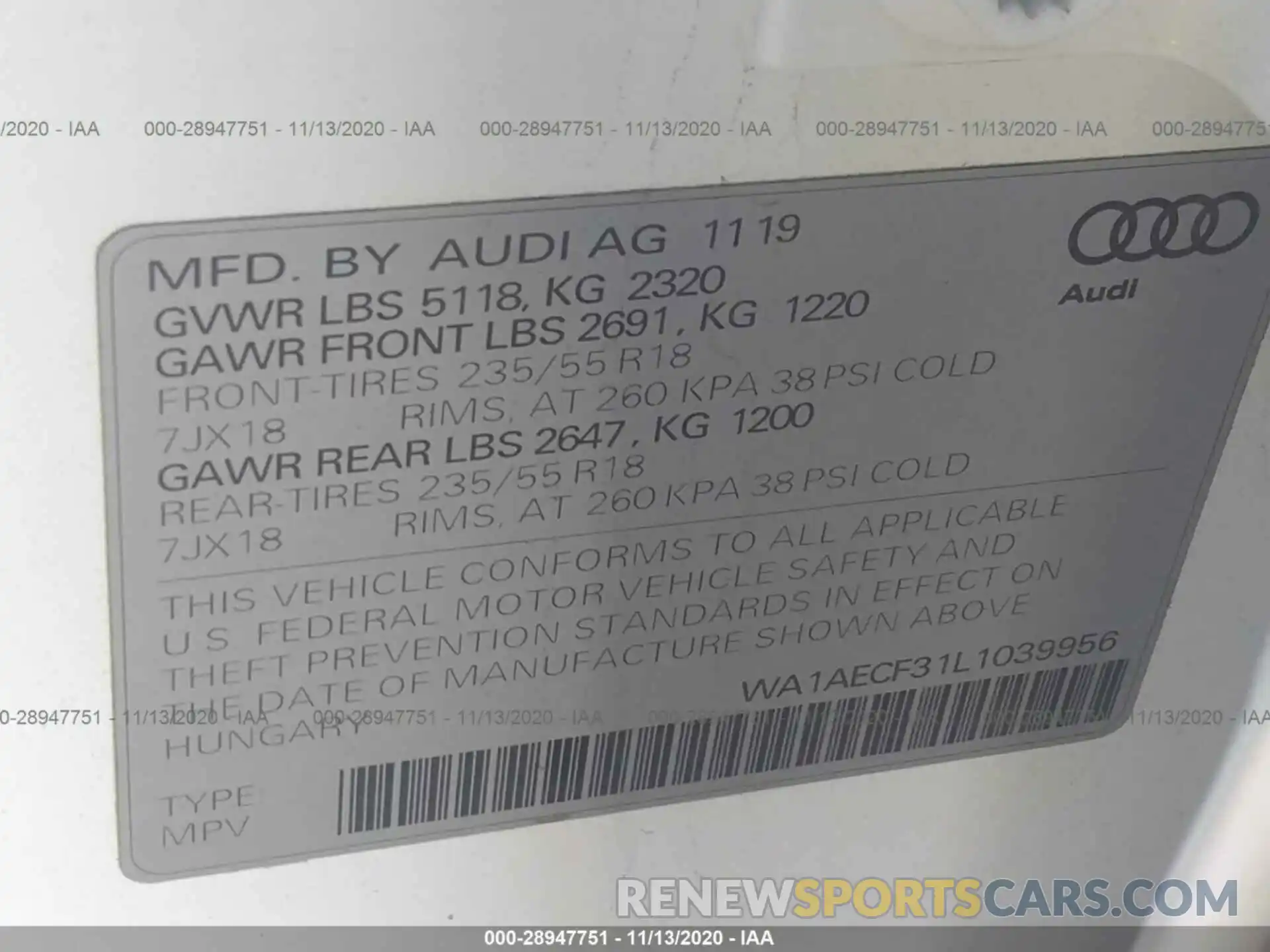 9 Фотография поврежденного автомобиля WA1AECF31L1039956 AUDI Q3 2020