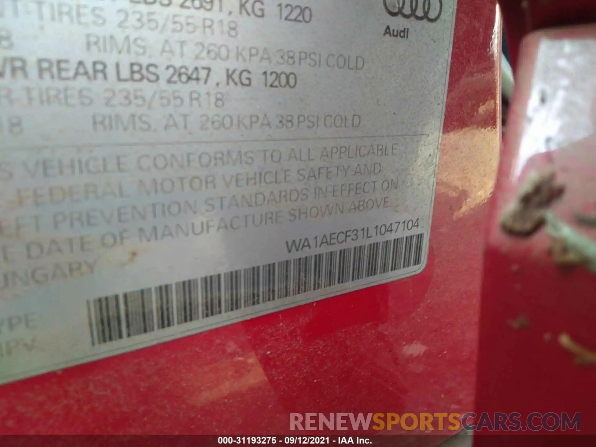 9 Фотография поврежденного автомобиля WA1AECF31L1047104 AUDI Q3 2020