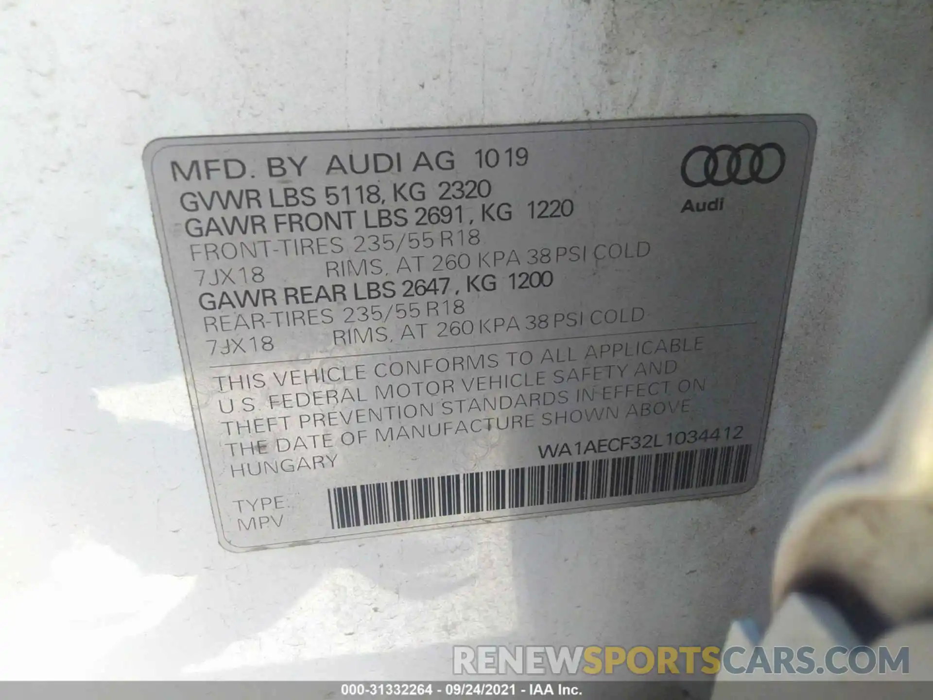 9 Фотография поврежденного автомобиля WA1AECF32L1034412 AUDI Q3 2020