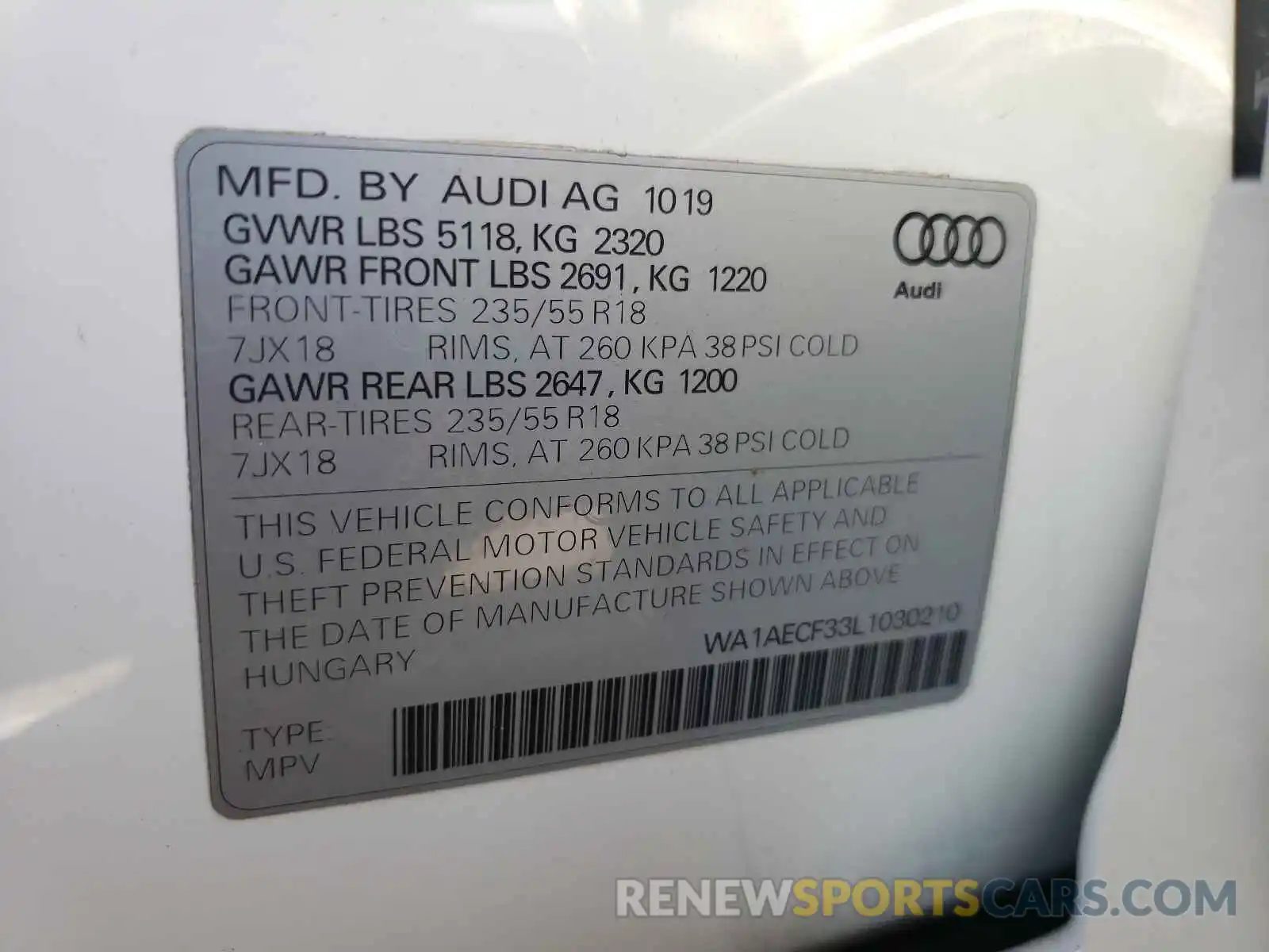 10 Photograph of a damaged car WA1AECF33L1030210 AUDI Q3 2020