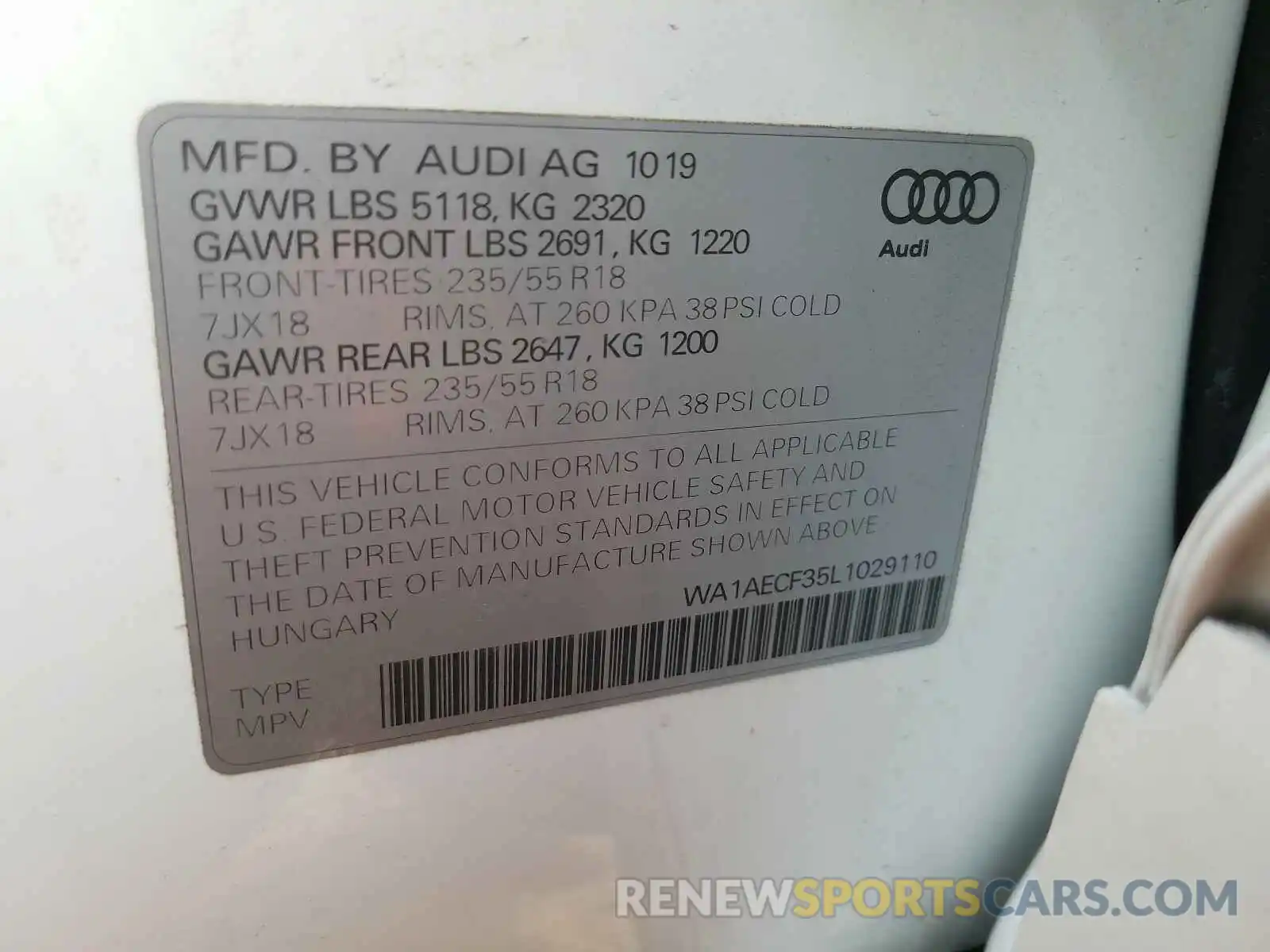 10 Фотография поврежденного автомобиля WA1AECF35L1029110 AUDI Q3 2020