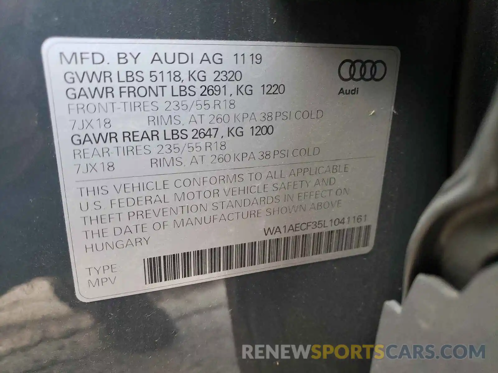 10 Photograph of a damaged car WA1AECF35L1041161 AUDI Q3 2020