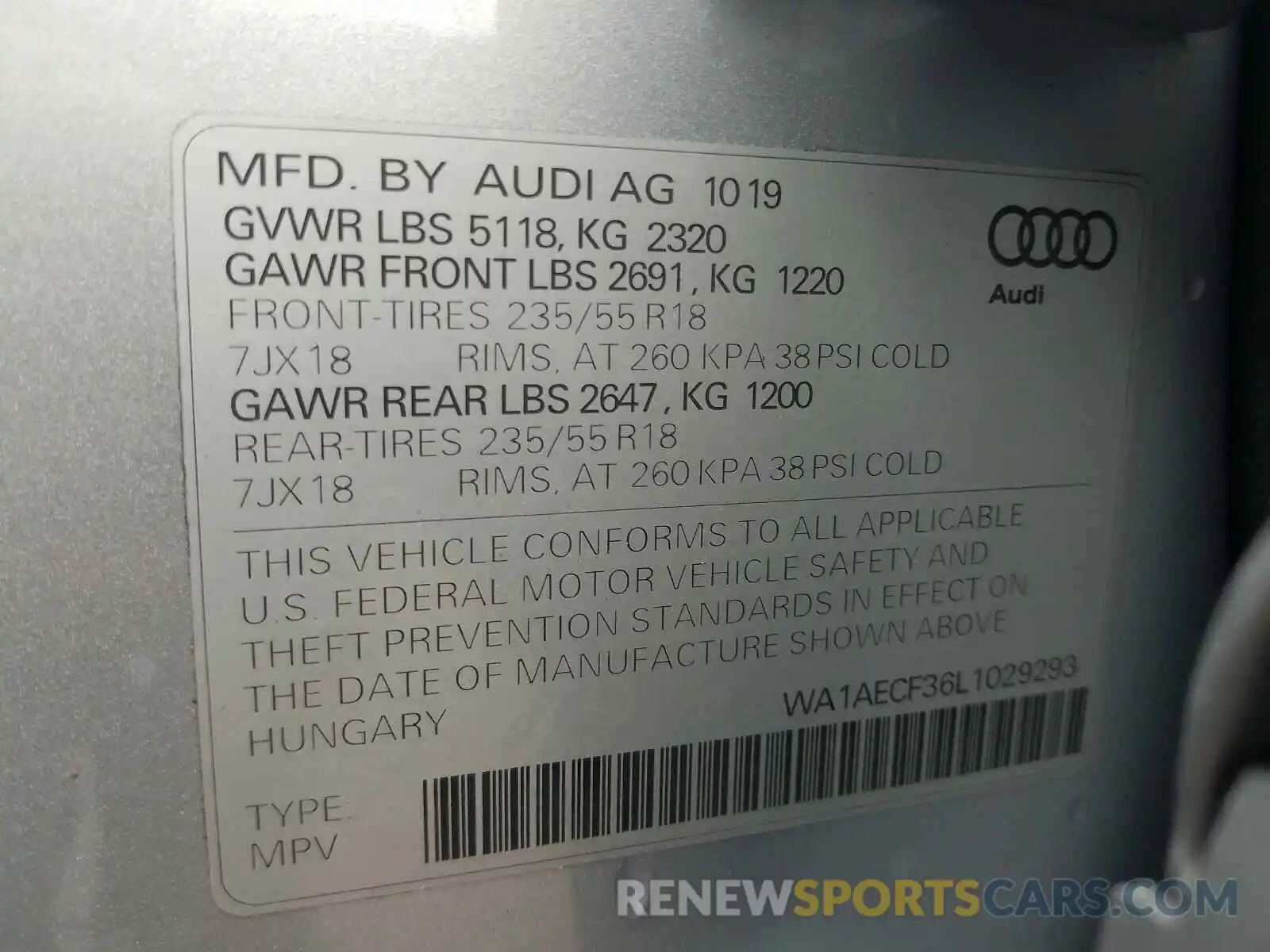 10 Фотография поврежденного автомобиля WA1AECF36L1029293 AUDI Q3 2020