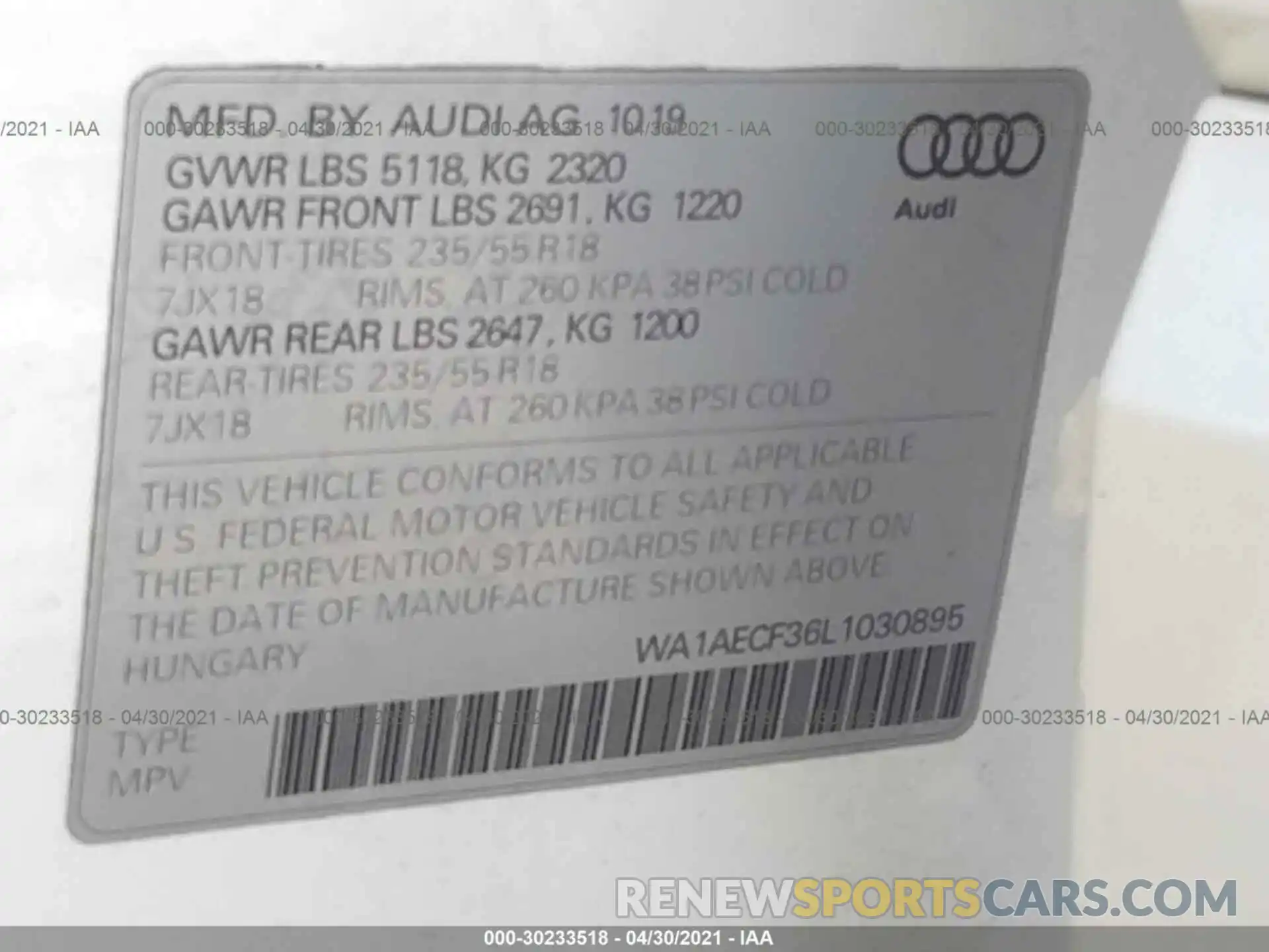 9 Фотография поврежденного автомобиля WA1AECF36L1030895 AUDI Q3 2020