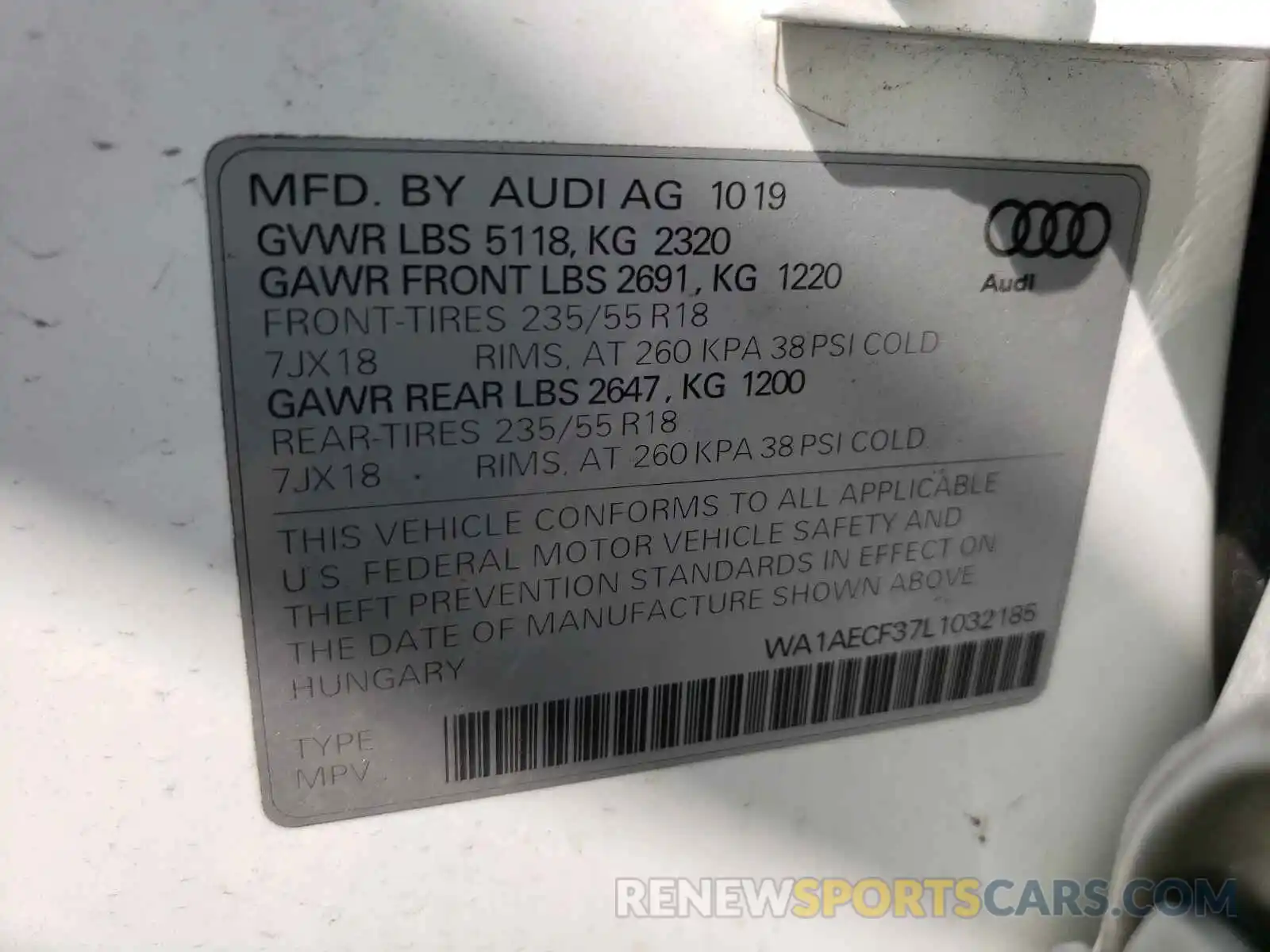 10 Фотография поврежденного автомобиля WA1AECF37L1032185 AUDI Q3 2020